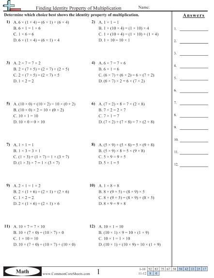 Properties Worksheets - Finding Identity Property of Multiplication  worksheet